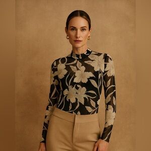 All Saints Floral Sheer Mesh Bodysuit Black Beige Size 2 Long Sleeve Top